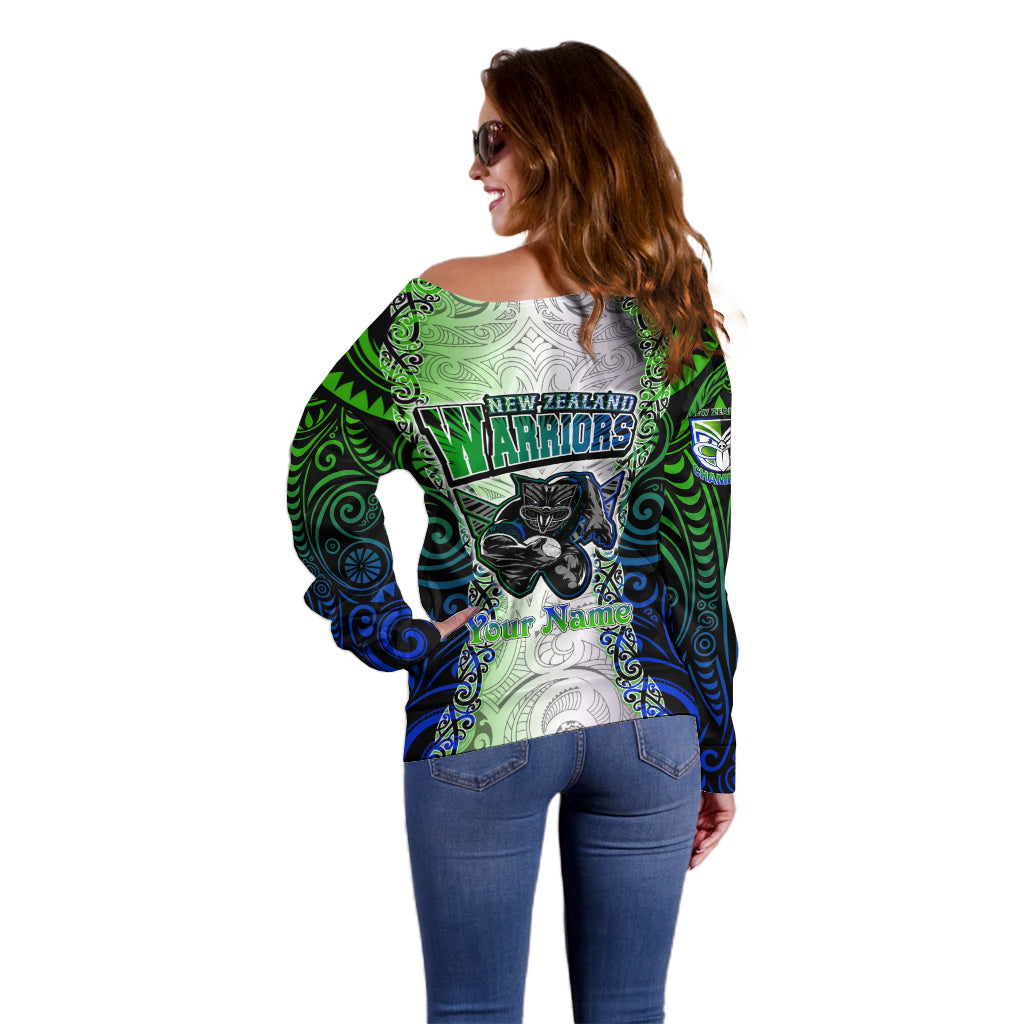 Personalised New Zealand Warriors Off Shoulder Sweater Maori Silver Fern Green DT02 - Polynesian Pride