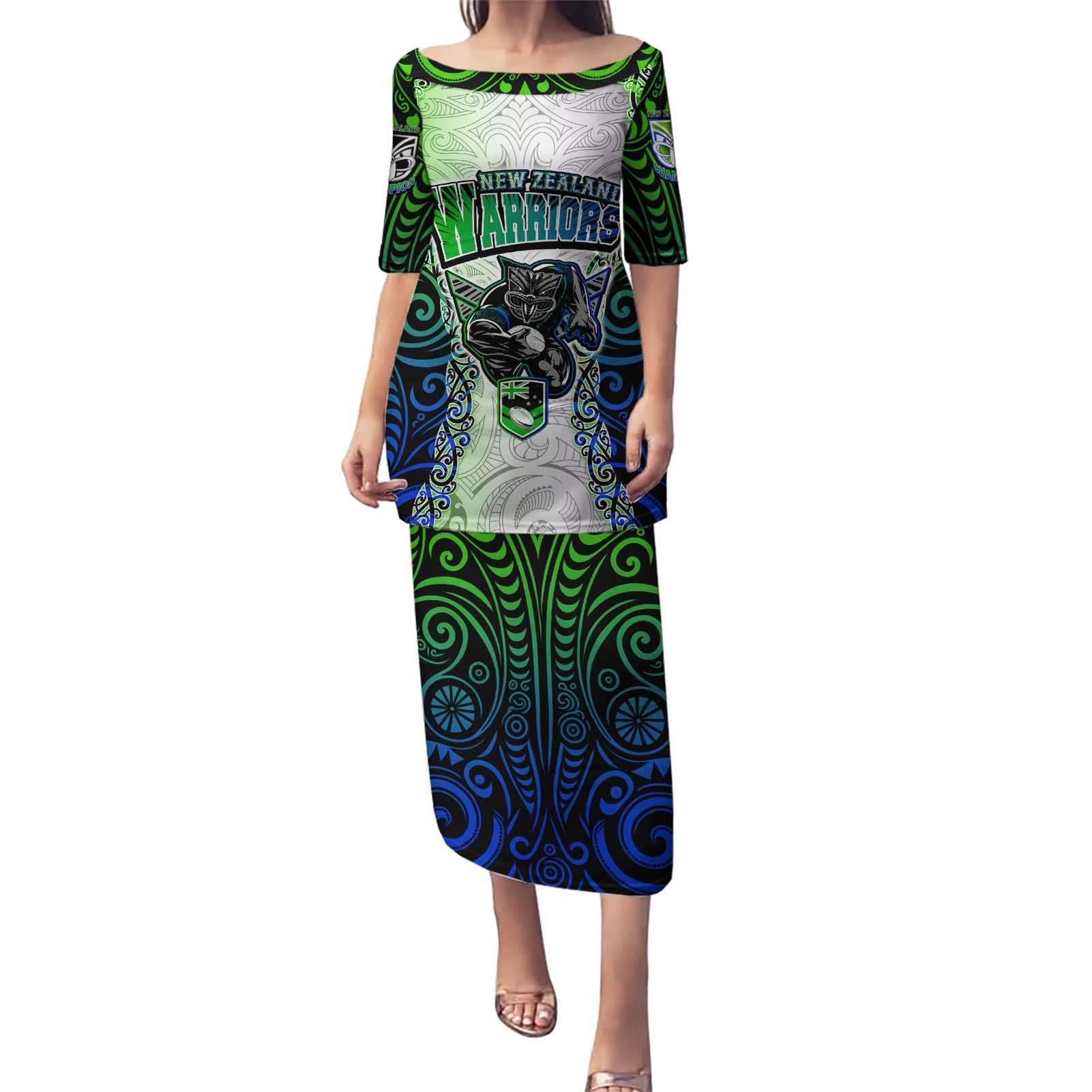 Personalised New Zealand Warriors Puletasi Maori Silver Fern Green DT02 Long Dress Green - Polynesian Pride