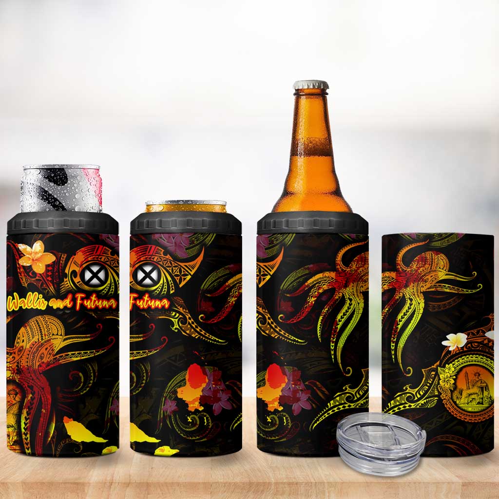 Wallis and Futuna 4 in 1 Can Cooler Tumbler Octopus Plumeria Polynesian Tattoo