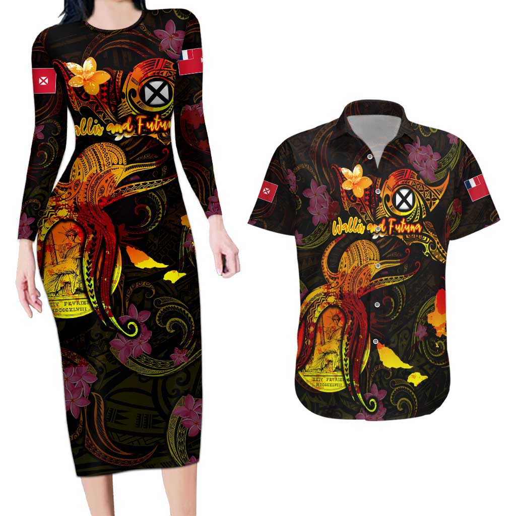 Wallis and Futuna Couples Matching Long Sleeve Bodycon Dress and Hawaiian Shirt Octopus Plumeria Polynesian Tattoo