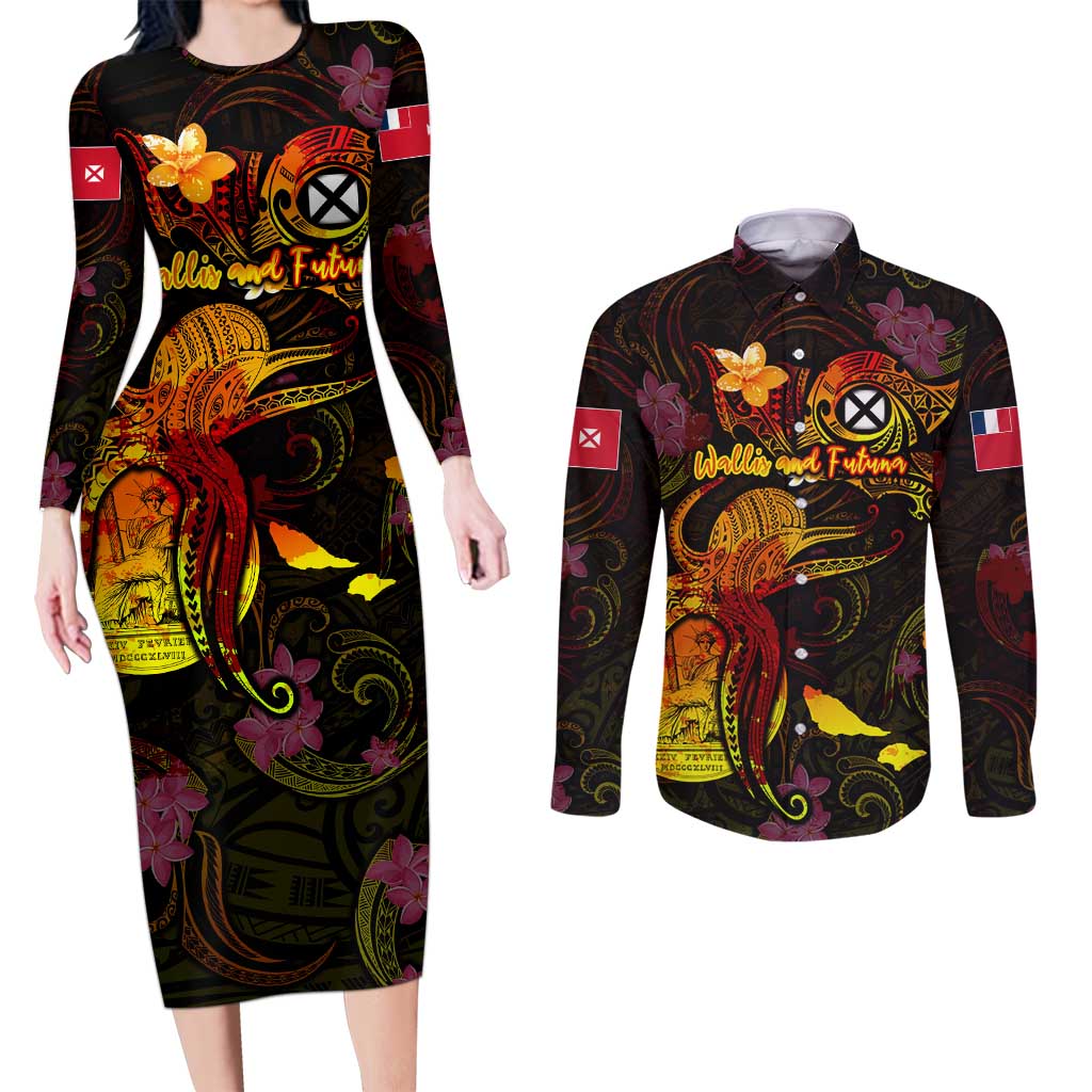 Wallis and Futuna Couples Matching Long Sleeve Bodycon Dress and Long Sleeve Button Shirt Octopus Plumeria Polynesian Tattoo