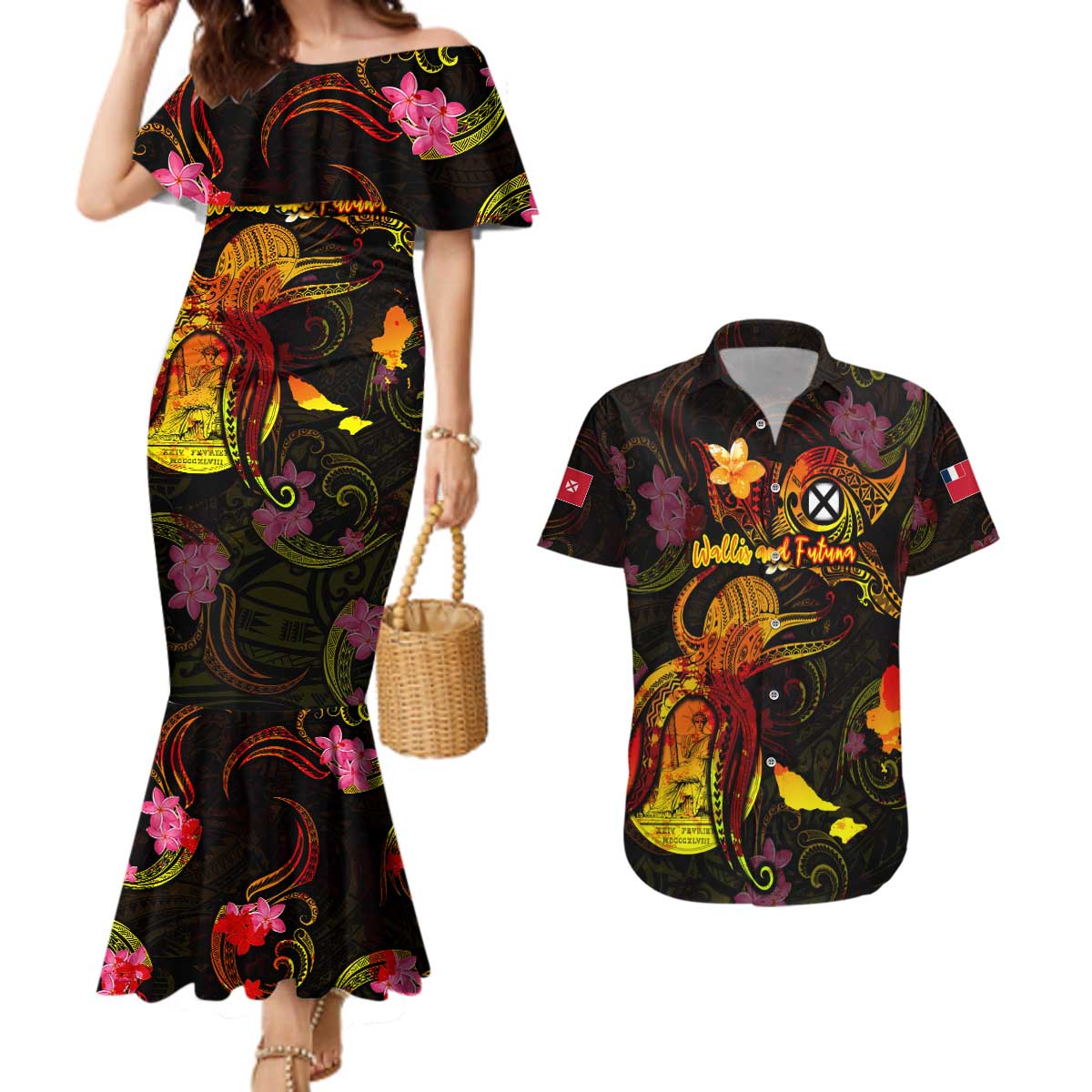 Wallis and Futuna Couples Matching Mermaid Dress and Hawaiian Shirt Octopus Plumeria Polynesian Tattoo