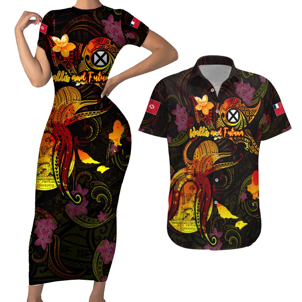 Wallis and Futuna Couples Matching Short Sleeve Bodycon Dress and Hawaiian Shirt Octopus Plumeria Polynesian Tattoo