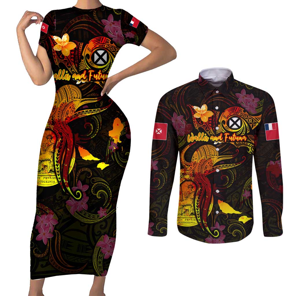 Wallis and Futuna Couples Matching Short Sleeve Bodycon Dress and Long Sleeve Button Shirt Octopus Plumeria Polynesian Tattoo