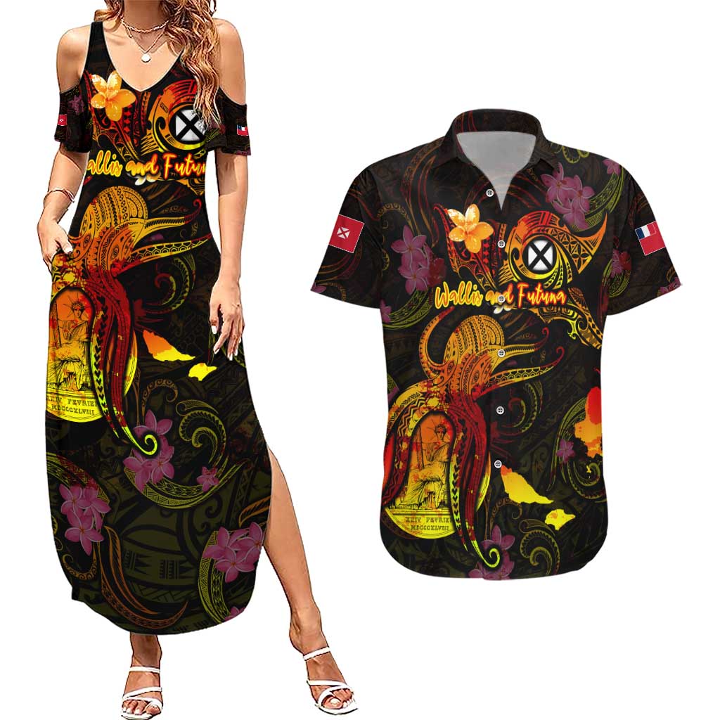 Wallis and Futuna Couples Matching Summer Maxi Dress and Hawaiian Shirt Octopus Plumeria Polynesian Tattoo