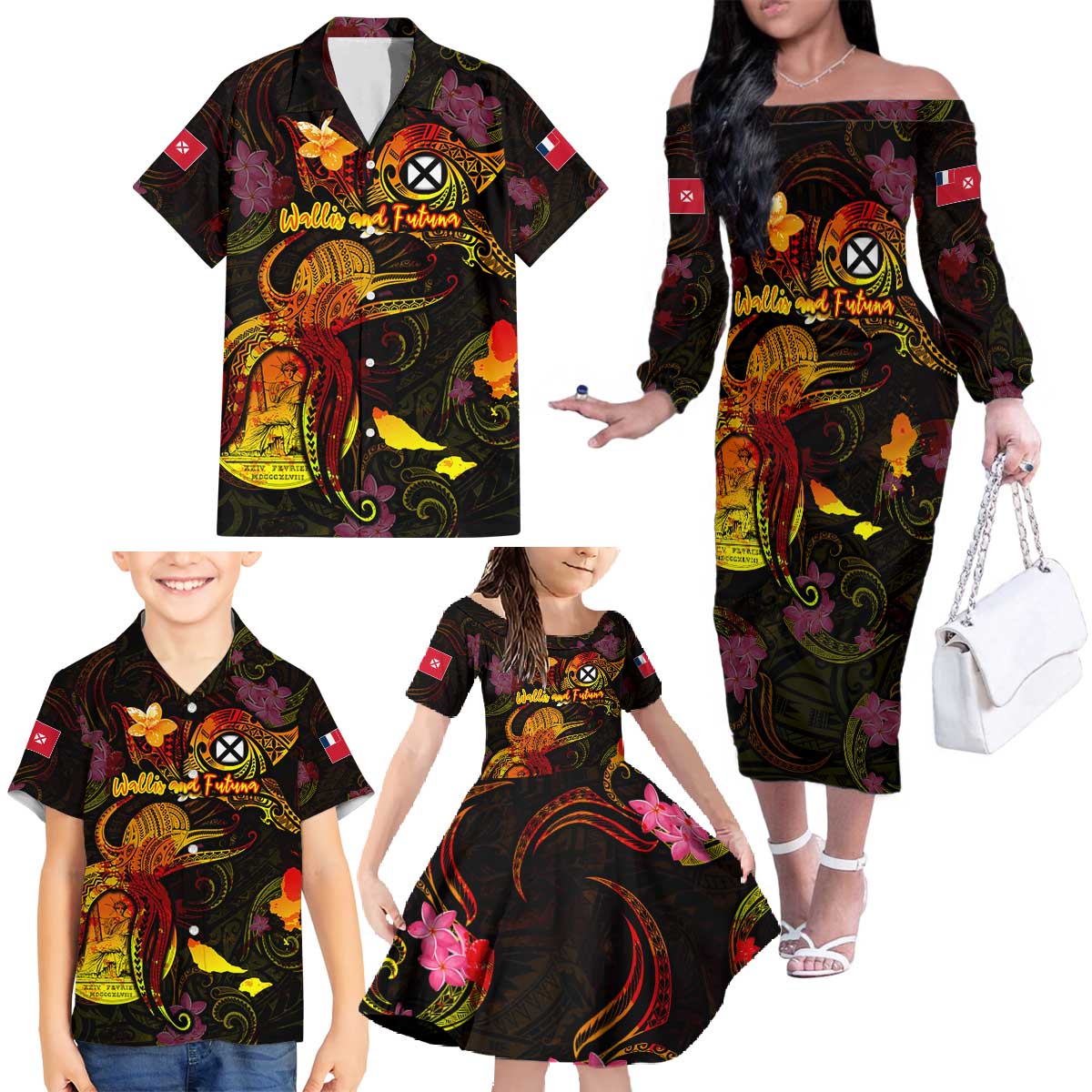 Wallis and Futuna Family Matching Off The Shoulder Long Sleeve Dress and Hawaiian Shirt Octopus Plumeria Polynesian Tattoo
