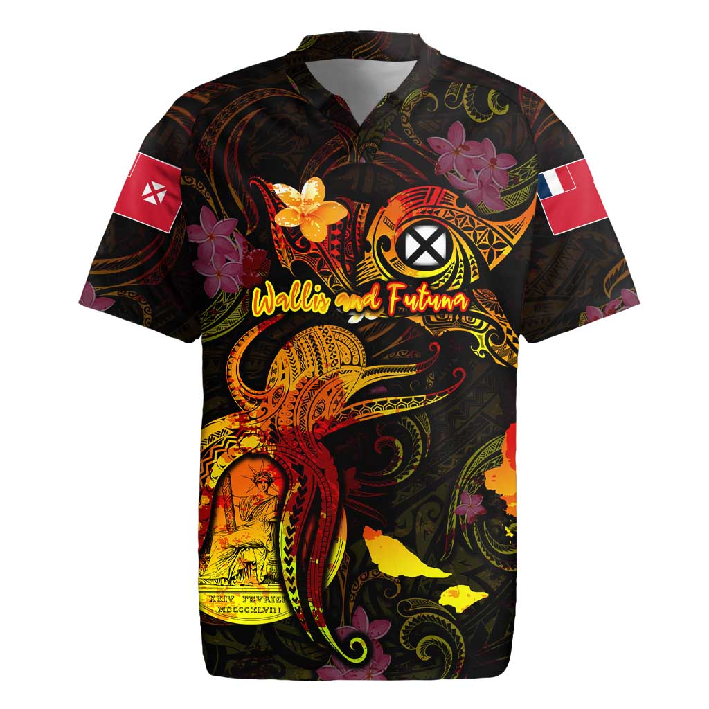 Wallis and Futuna Rugby Jersey Octopus Plumeria Polynesian Tattoo