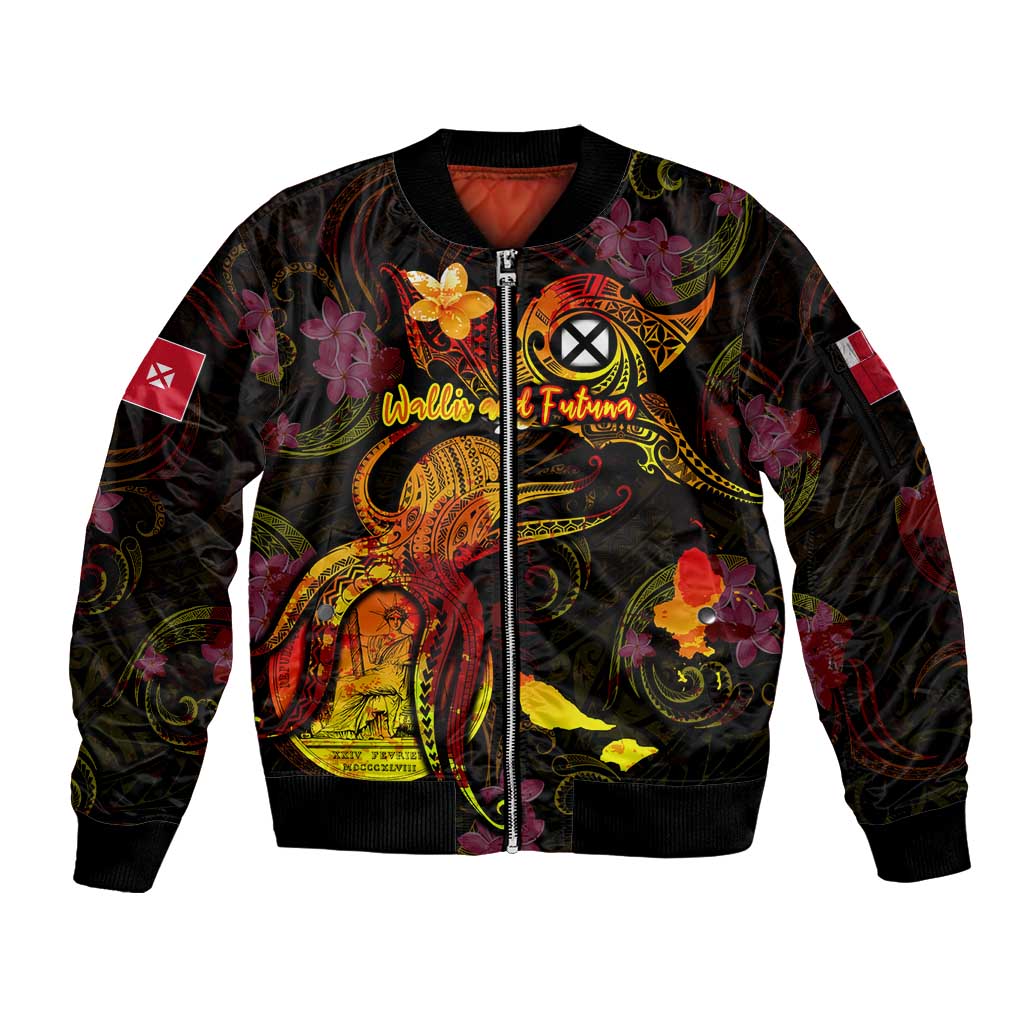 Wallis and Futuna Sleeve Zip Bomber Jacket Octopus Plumeria Polynesian Tattoo