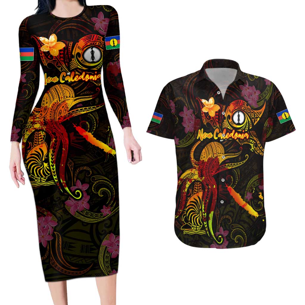 New Caledonia Couples Matching Long Sleeve Bodycon Dress and Hawaiian Shirt Octopus Plumeria Polynesian Tattoo