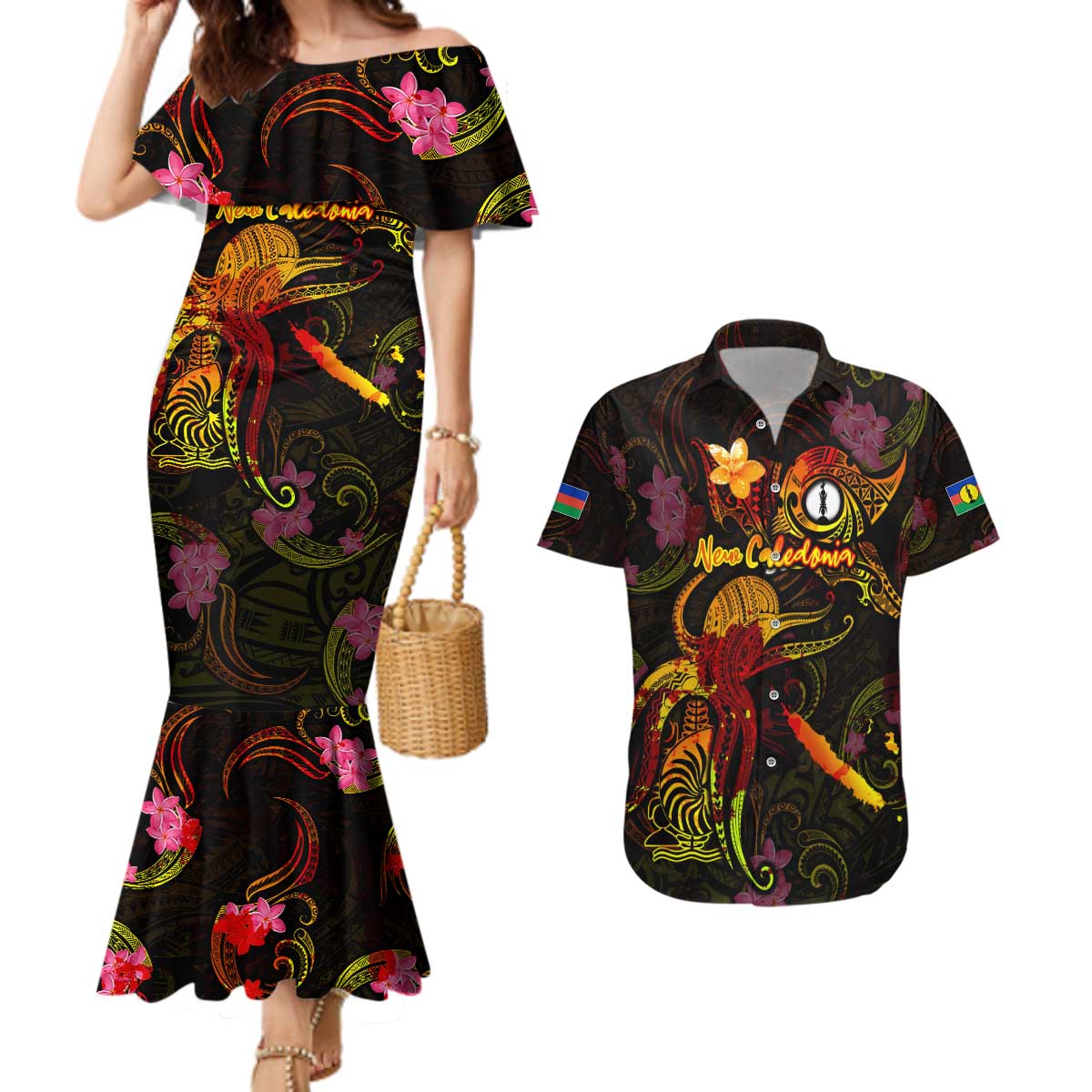 New Caledonia Couples Matching Mermaid Dress and Hawaiian Shirt Octopus Plumeria Polynesian Tattoo