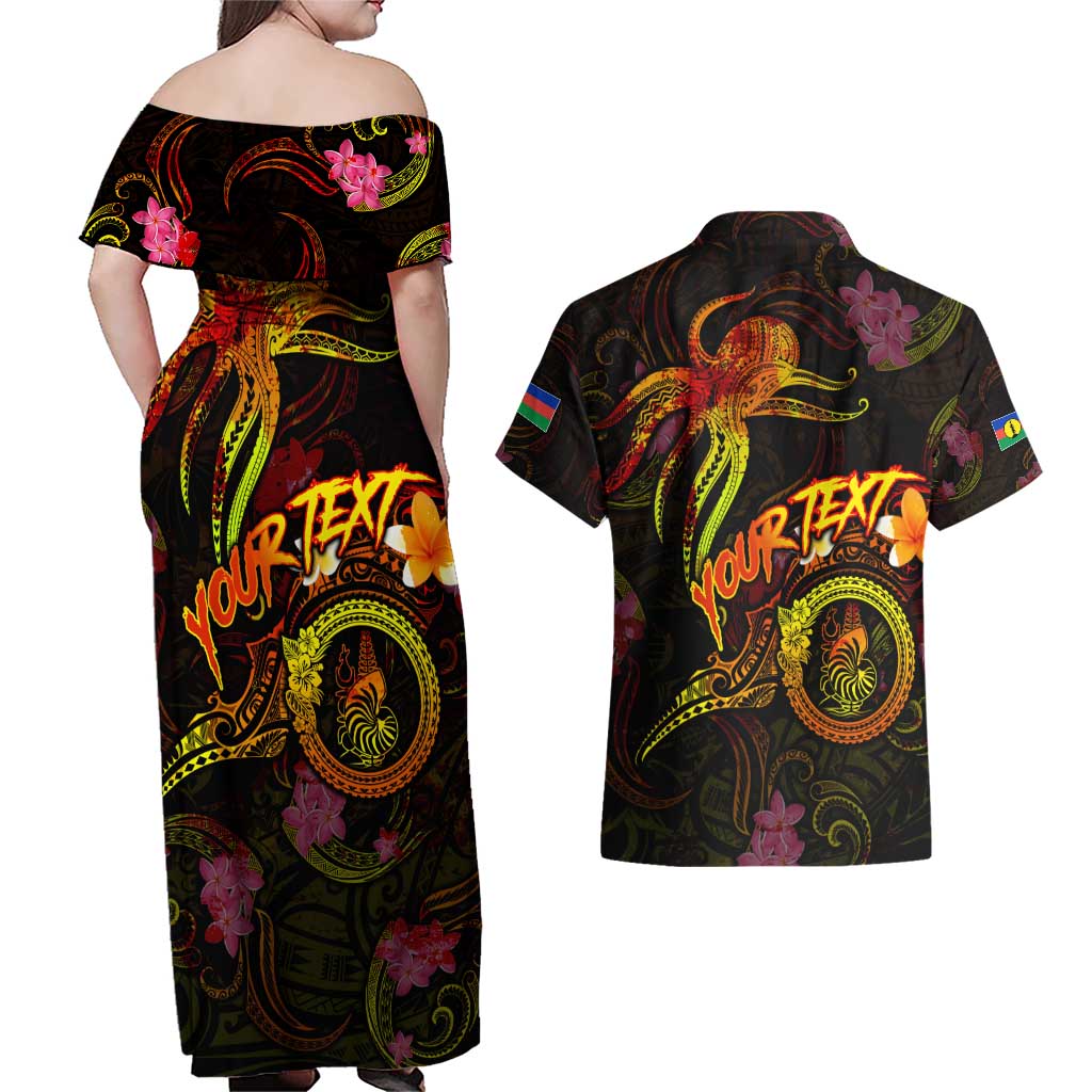 New Caledonia Couples Matching Off Shoulder Maxi Dress and Hawaiian Shirt Octopus Plumeria Polynesian Tattoo