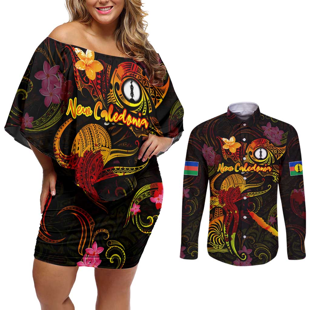 New Caledonia Couples Matching Off Shoulder Short Dress and Long Sleeve Button Shirt Octopus Plumeria Polynesian Tattoo