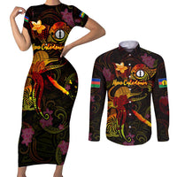 New Caledonia Couples Matching Short Sleeve Bodycon Dress and Long Sleeve Button Shirt Octopus Plumeria Polynesian Tattoo