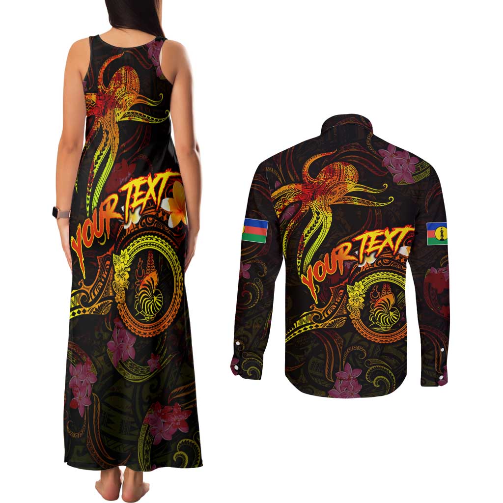 New Caledonia Couples Matching Tank Maxi Dress and Long Sleeve Button Shirt Octopus Plumeria Polynesian Tattoo