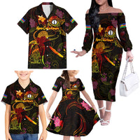 New Caledonia Family Matching Off The Shoulder Long Sleeve Dress and Hawaiian Shirt Octopus Plumeria Polynesian Tattoo