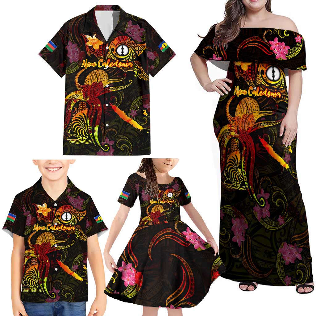 New Caledonia Family Matching Off Shoulder Maxi Dress and Hawaiian Shirt Octopus Plumeria Polynesian Tattoo