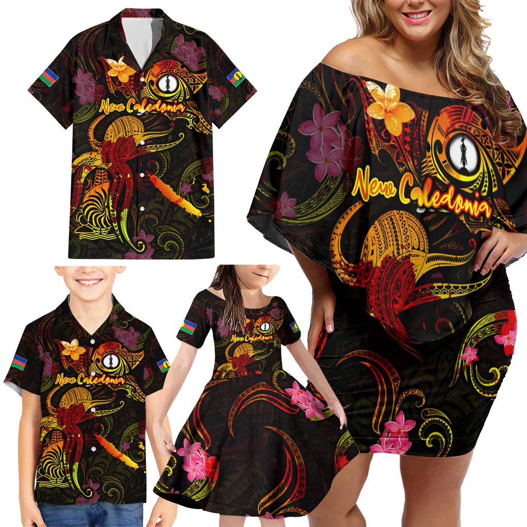 New Caledonia Family Matching Off Shoulder Short Dress and Hawaiian Shirt Octopus Plumeria Polynesian Tattoo