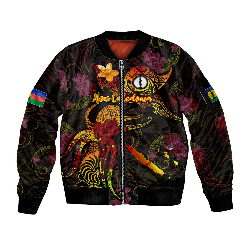 New Caledonia Sleeve Zip Bomber Jacket Octopus Plumeria Polynesian Tattoo