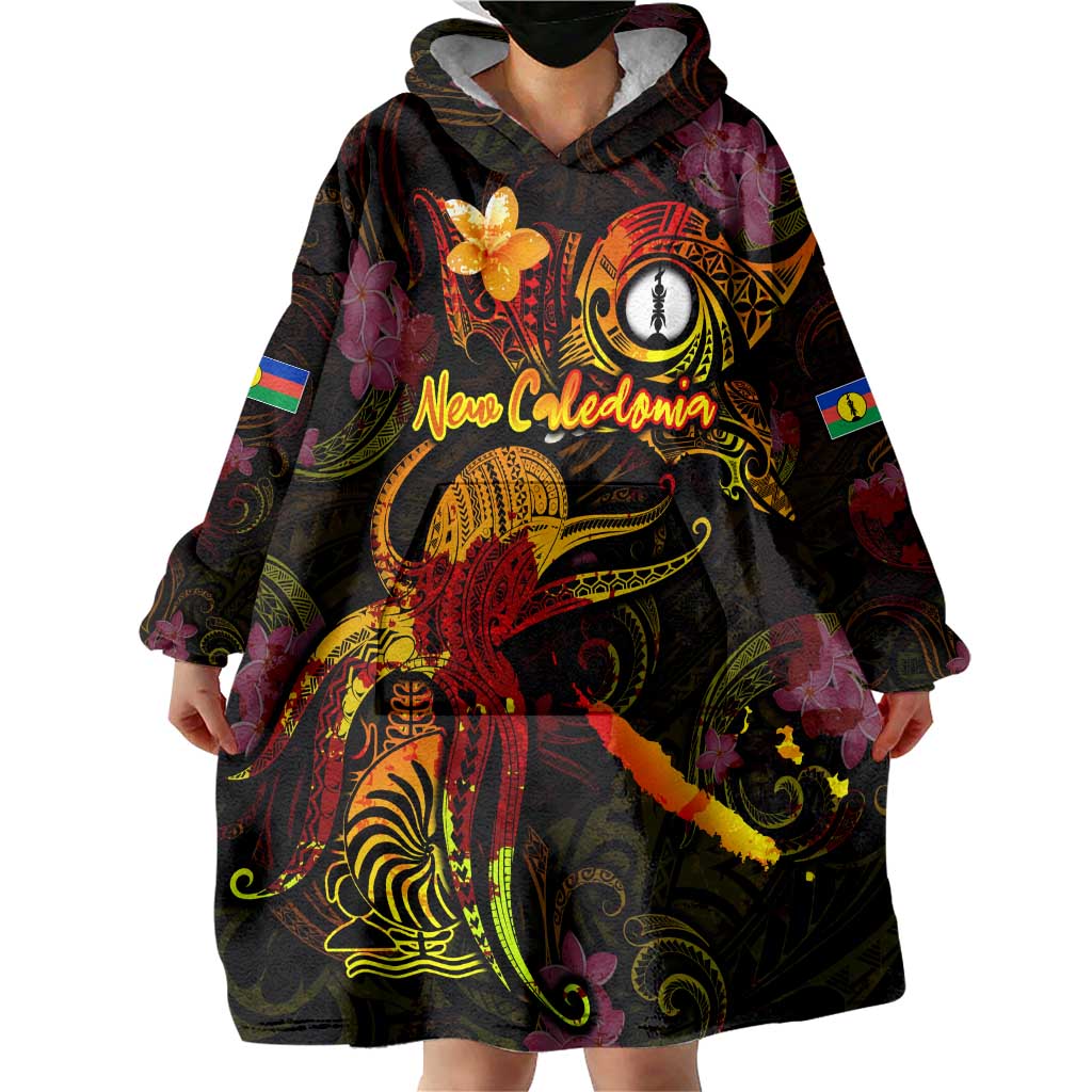 New Caledonia Wearable Blanket Hoodie Octopus Plumeria Polynesian Tattoo