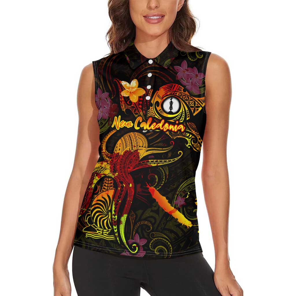 New Caledonia Women Sleeveless Polo Shirt Octopus Plumeria Polynesian Tattoo
