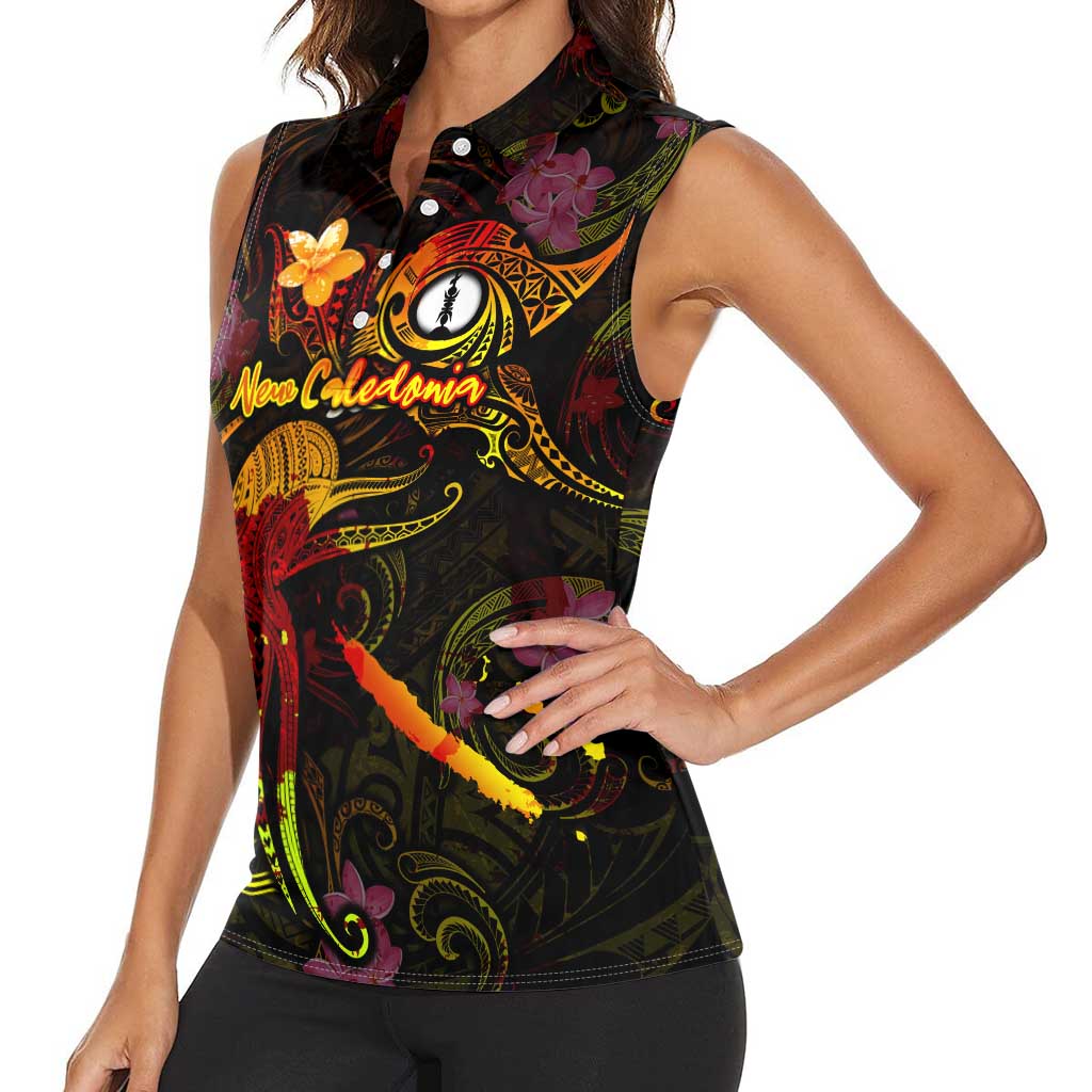 New Caledonia Women Sleeveless Polo Shirt Octopus Plumeria Polynesian Tattoo