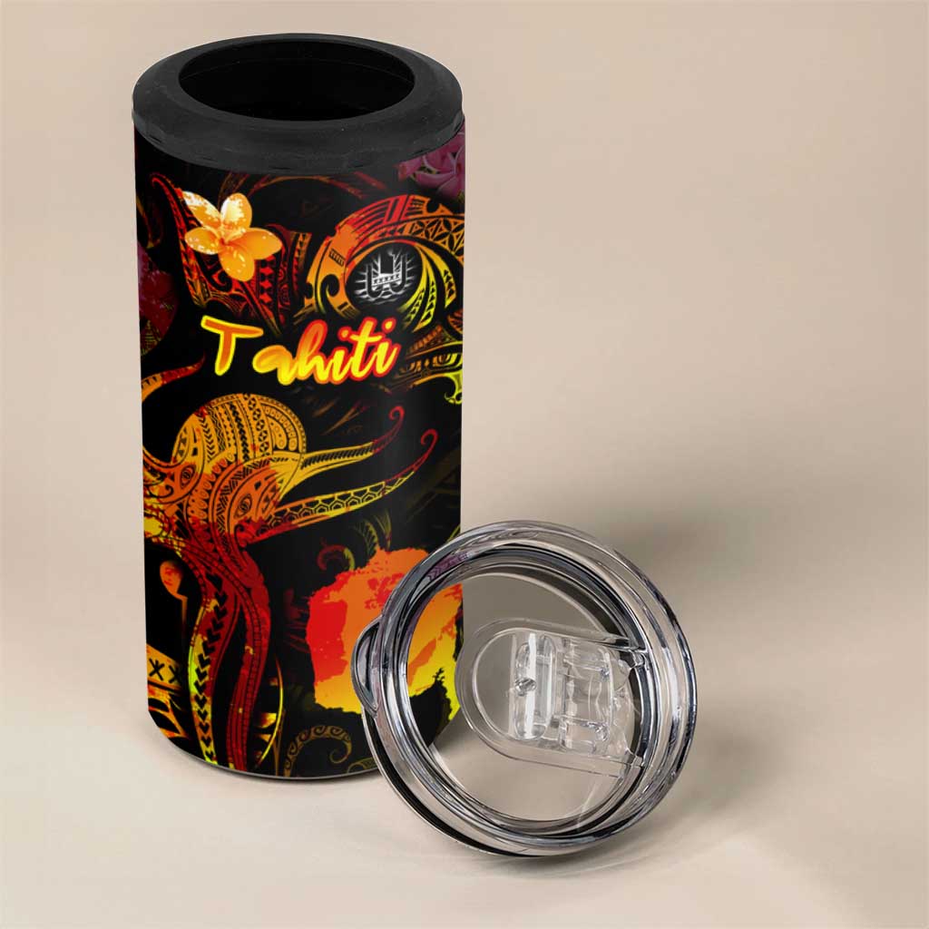 Tahiti French Polynesia 4 in 1 Can Cooler Tumbler Octopus Plumeria Polynesian Tattoo