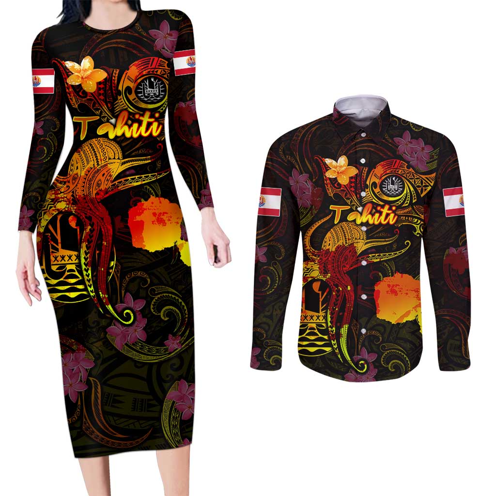 Tahiti French Polynesia Couples Matching Long Sleeve Bodycon Dress and Long Sleeve Button Shirt Octopus Plumeria Polynesian Tattoo DT02 Black - Polynesian Pride