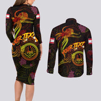 Tahiti French Polynesia Couples Matching Long Sleeve Bodycon Dress and Long Sleeve Button Shirt Octopus Plumeria Polynesian Tattoo DT02 - Polynesian Pride