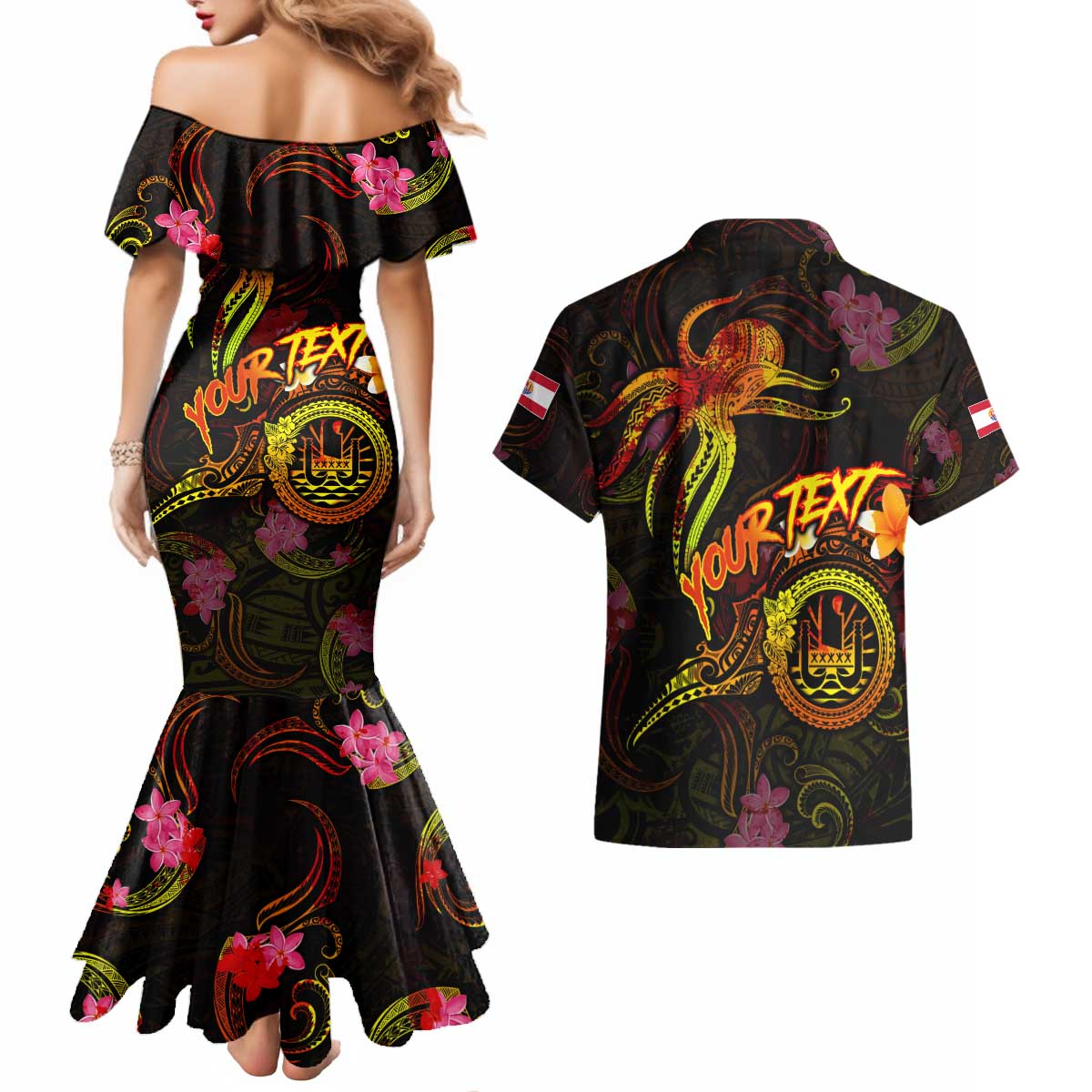 Tahiti French Polynesia Couples Matching Mermaid Dress and Hawaiian Shirt Octopus Plumeria Polynesian Tattoo DT02 - Polynesian Pride