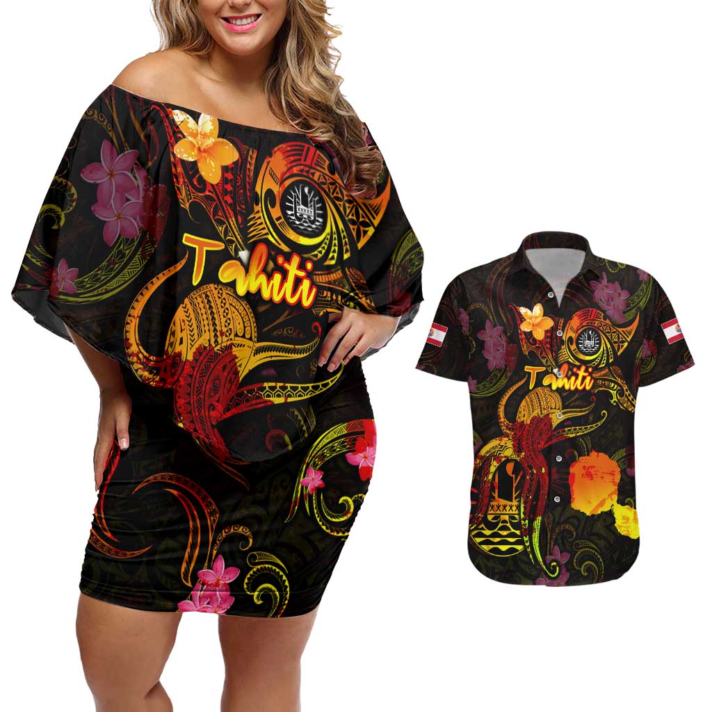 Tahiti French Polynesia Couples Matching Off Shoulder Short Dress and Hawaiian Shirt Octopus Plumeria Polynesian Tattoo DT02 Black - Polynesian Pride