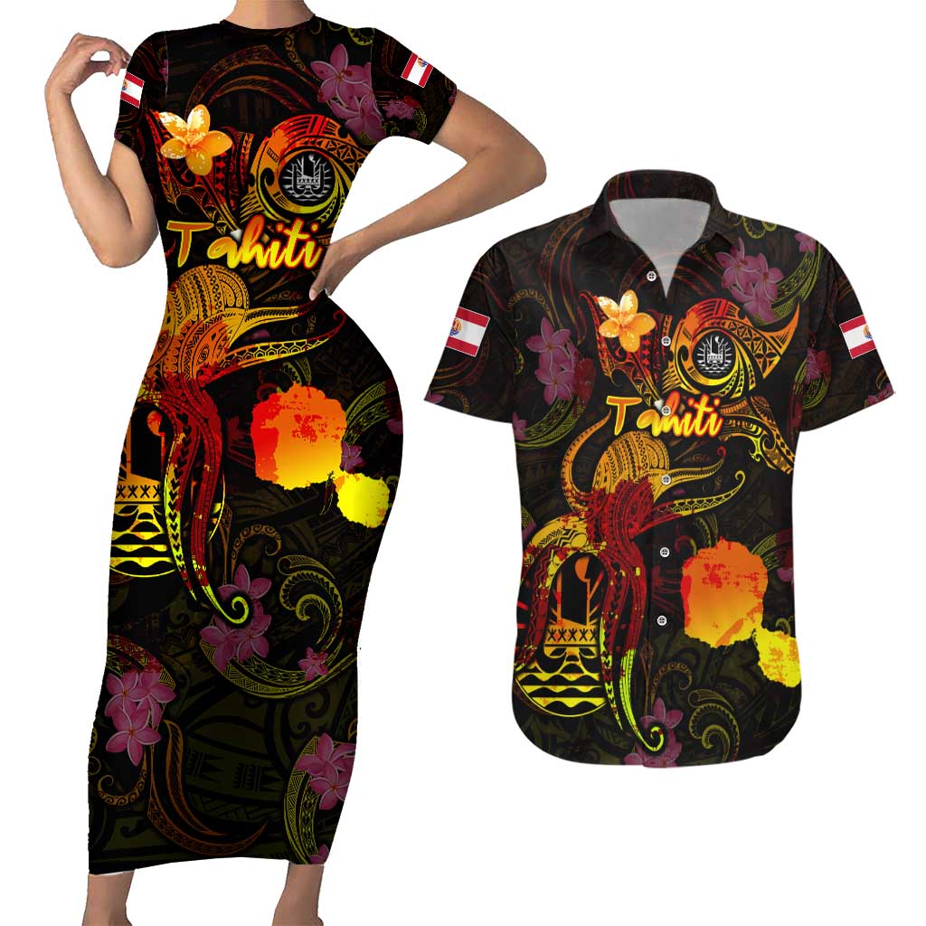 Tahiti French Polynesia Couples Matching Short Sleeve Bodycon Dress and Hawaiian Shirt Octopus Plumeria Polynesian Tattoo DT02 Black - Polynesian Pride