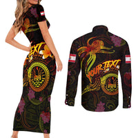 Tahiti French Polynesia Couples Matching Short Sleeve Bodycon Dress and Long Sleeve Button Shirt Octopus Plumeria Polynesian Tattoo DT02 - Polynesian Pride