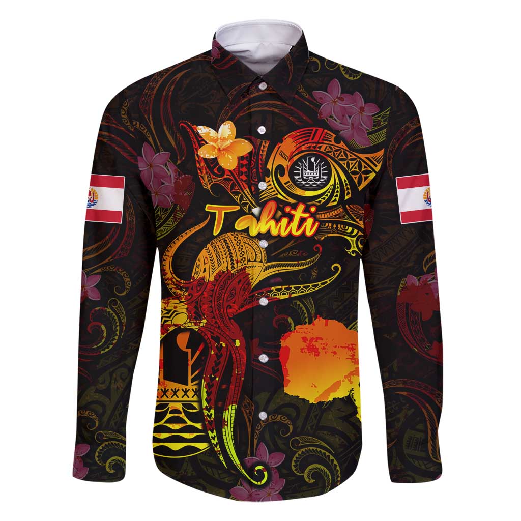 Tahiti French Polynesia Family Matching Mermaid Dress and Hawaiian Shirt Octopus Plumeria Polynesian Tattoo DT02 Dad's Shirt - Long Sleeve Black - Polynesian Pride