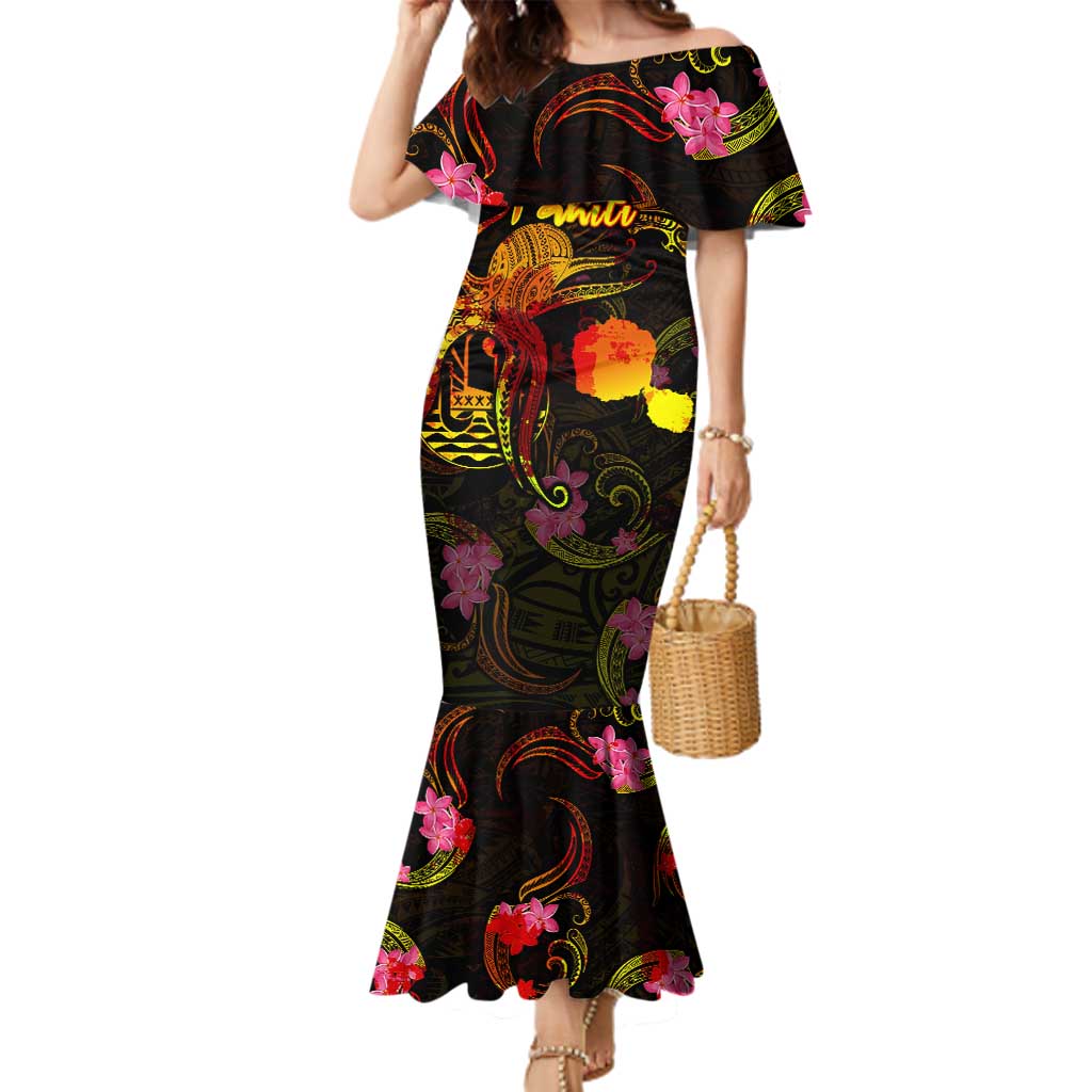 Tahiti French Polynesia Family Matching Mermaid Dress and Hawaiian Shirt Octopus Plumeria Polynesian Tattoo DT02 Mom's Dress Black - Polynesian Pride