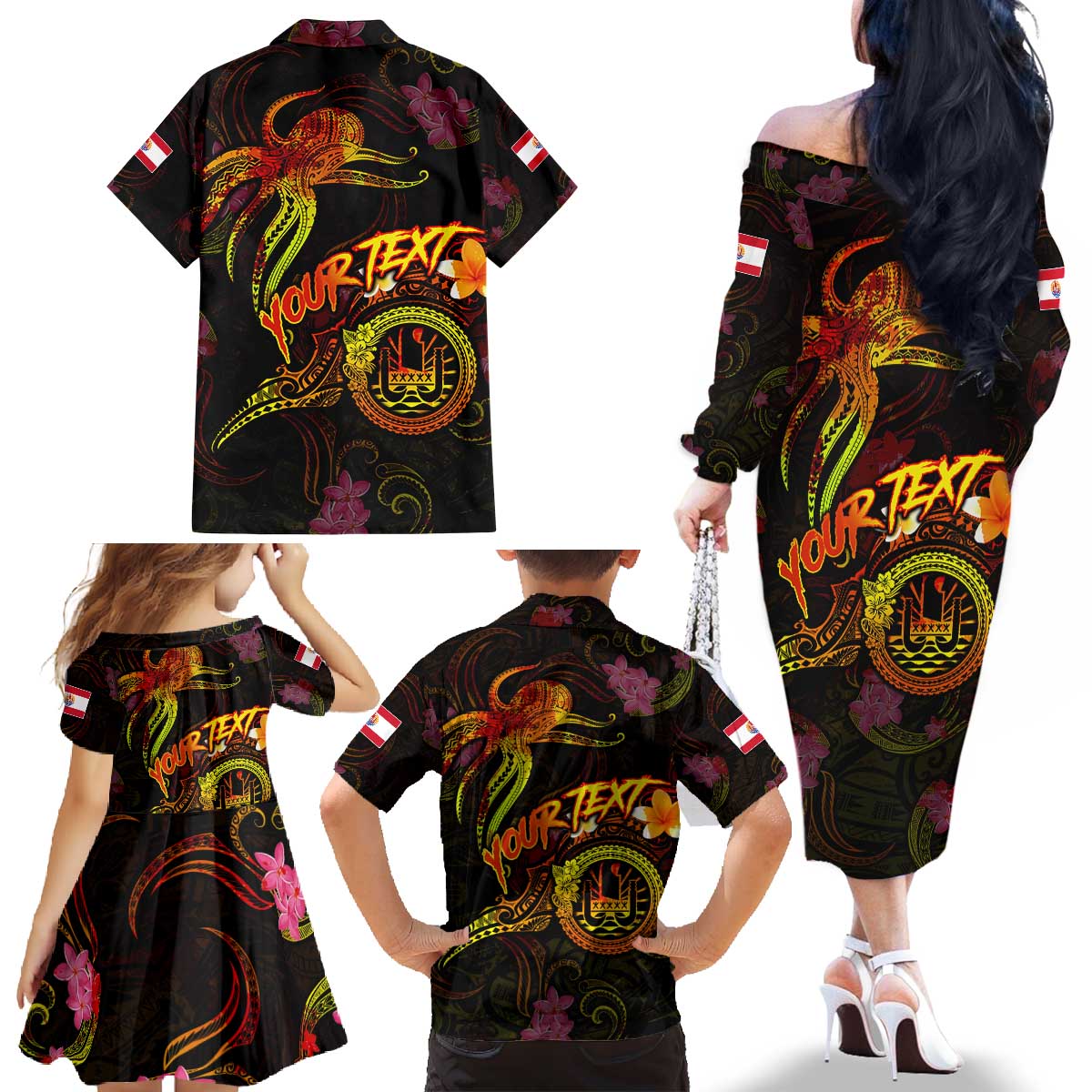 Tahiti French Polynesia Family Matching Off The Shoulder Long Sleeve Dress and Hawaiian Shirt Octopus Plumeria Polynesian Tattoo