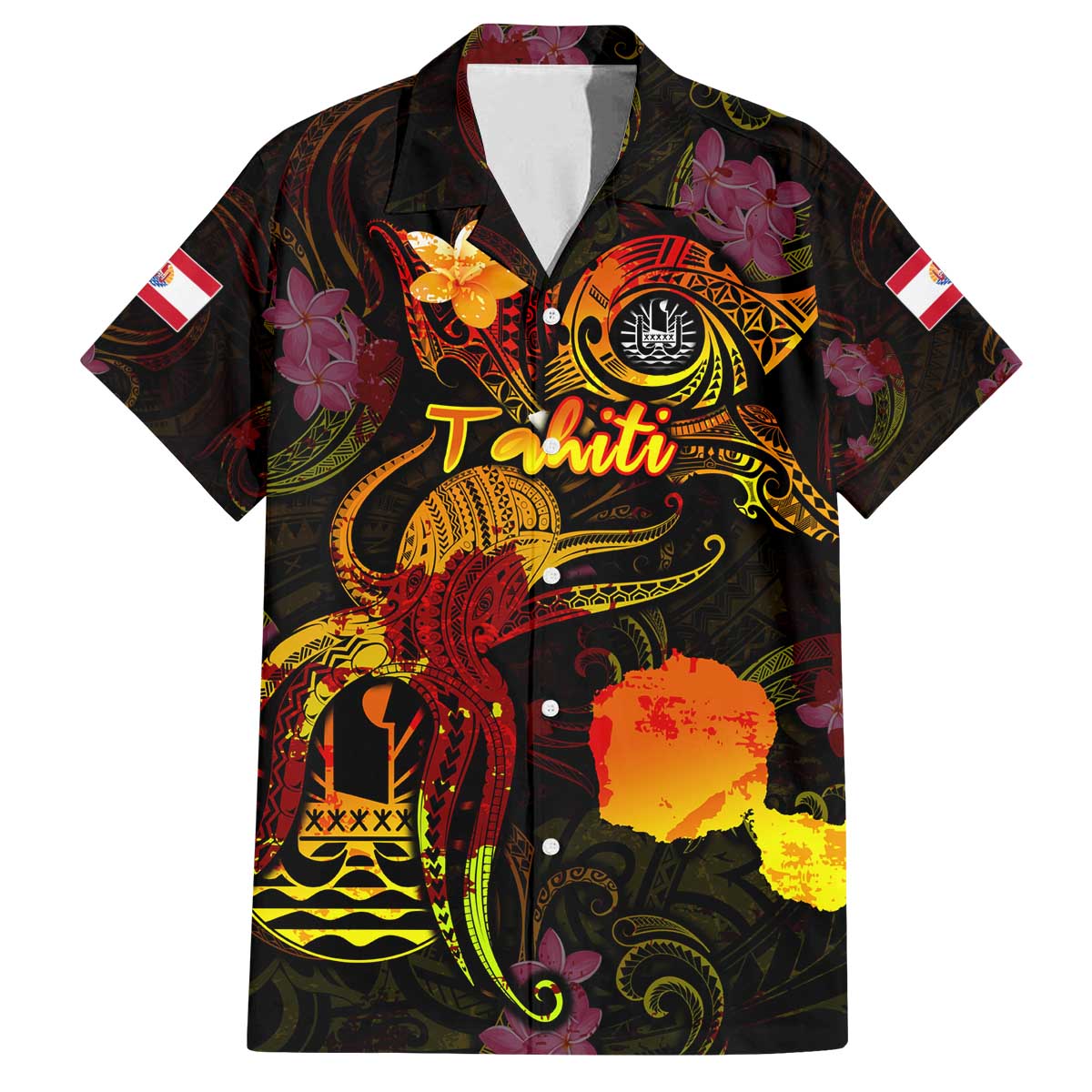 Tahiti French Polynesia Family Matching Off The Shoulder Long Sleeve Dress and Hawaiian Shirt Octopus Plumeria Polynesian Tattoo