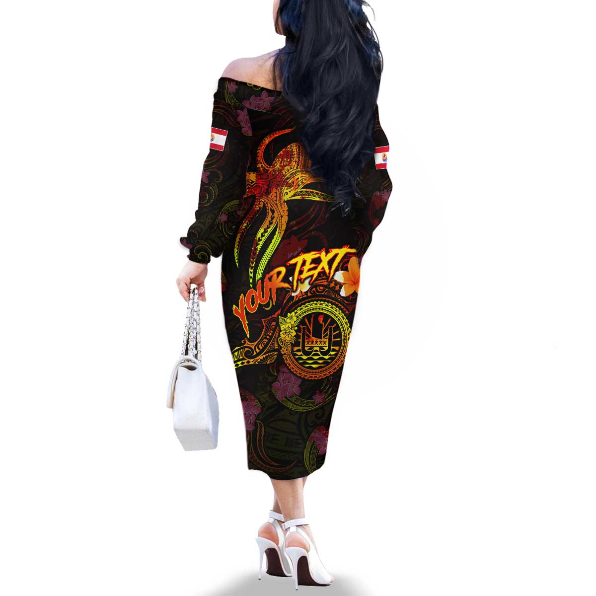 Tahiti French Polynesia Family Matching Off The Shoulder Long Sleeve Dress and Hawaiian Shirt Octopus Plumeria Polynesian Tattoo