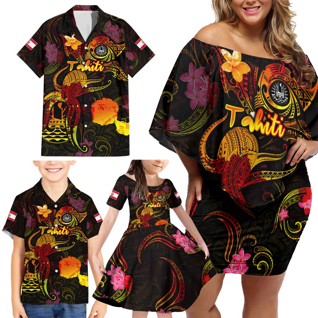 Tahiti French Polynesia Family Matching Off Shoulder Short Dress and Hawaiian Shirt Octopus Plumeria Polynesian Tattoo