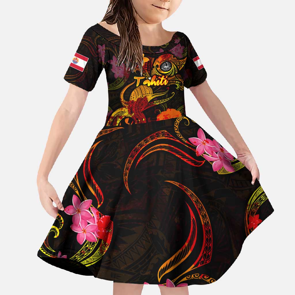 Tahiti French Polynesia Family Matching Short Sleeve Bodycon Dress and Hawaiian Shirt Octopus Plumeria Polynesian Tattoo DT02 Daughter's Dress Black - Polynesian Pride