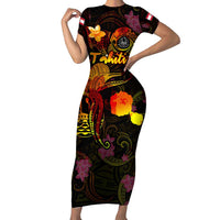 Tahiti French Polynesia Family Matching Short Sleeve Bodycon Dress and Hawaiian Shirt Octopus Plumeria Polynesian Tattoo DT02 Mom's Dress Black - Polynesian Pride