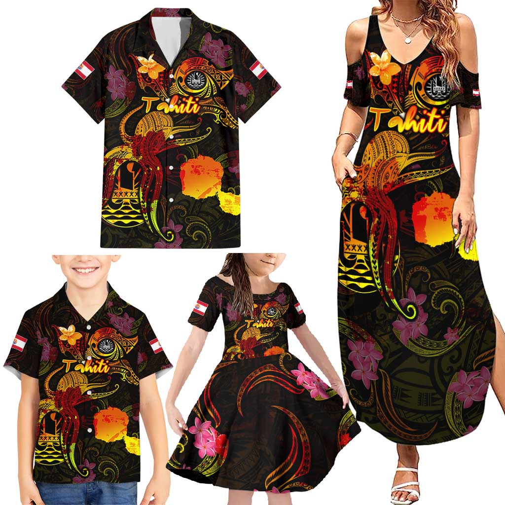 Tahiti French Polynesia Family Matching Summer Maxi Dress and Hawaiian Shirt Octopus Plumeria Polynesian Tattoo