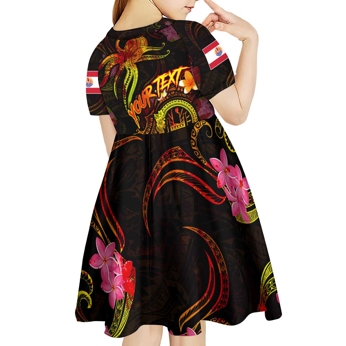 Tahiti French Polynesia Kid Short Sleeve Dress Octopus Plumeria Polynesian Tattoo DT02 - Polynesian Pride