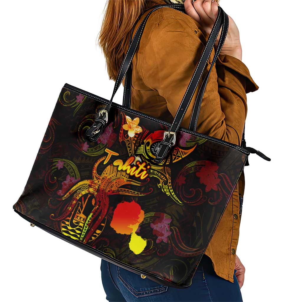 Tahiti French Polynesia Leather Tote Bag Octopus Plumeria Polynesian Tattoo