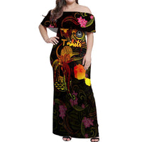 Tahiti French Polynesia Off Shoulder Maxi Dress Octopus Plumeria Polynesian Tattoo DT02 Women Black - Polynesian Pride