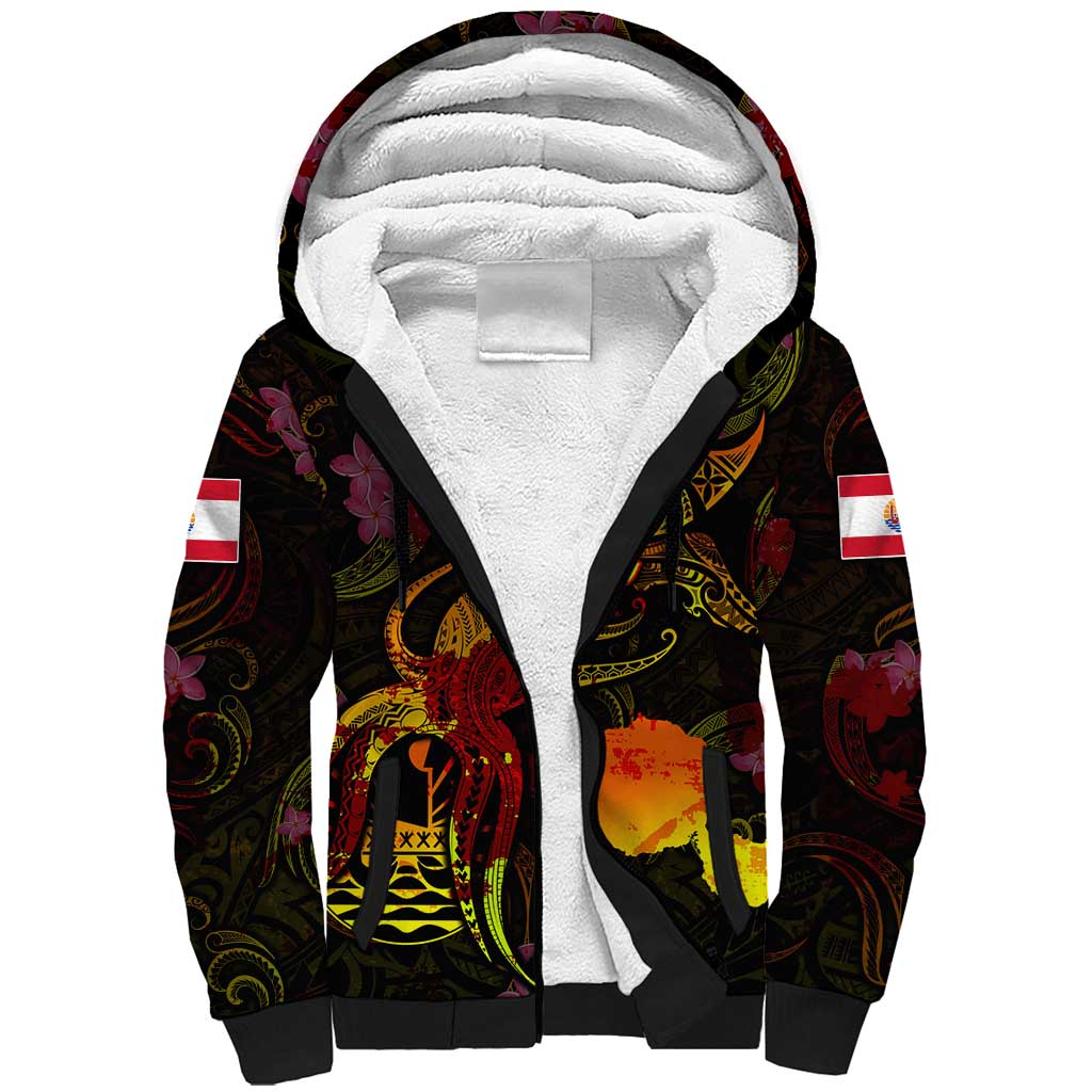 Tahiti French Polynesia Sherpa Hoodie Octopus Plumeria Polynesian Tattoo