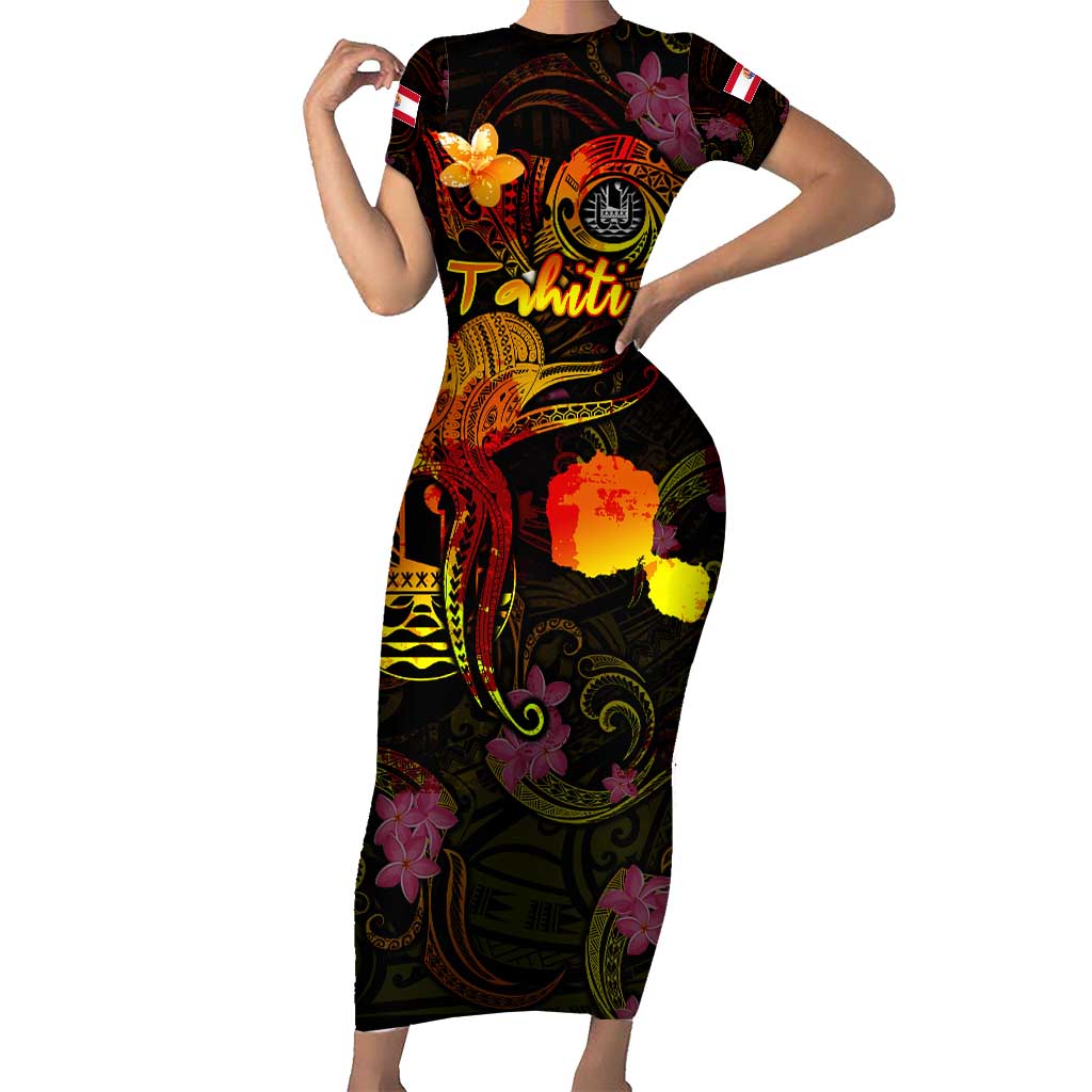 Tahiti French Polynesia Short Sleeve Bodycon Dress Octopus Plumeria Polynesian Tattoo