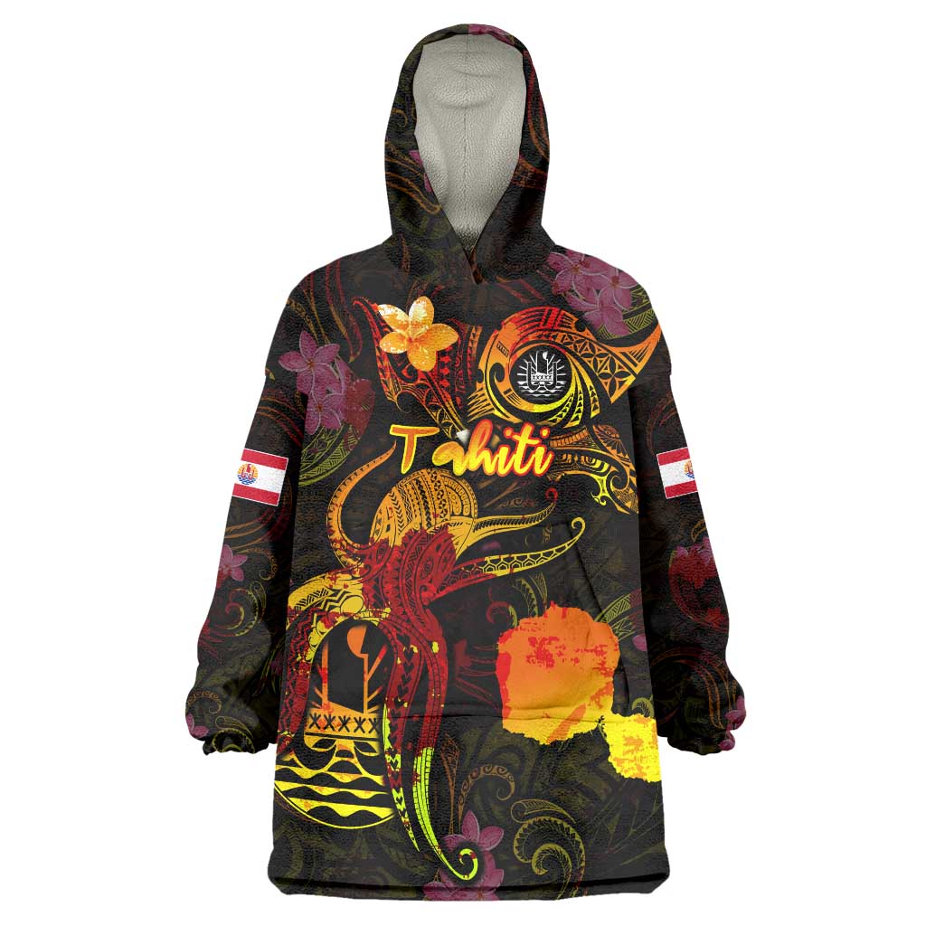 Tahiti French Polynesia Wearable Blanket Hoodie Octopus Plumeria Polynesian Tattoo