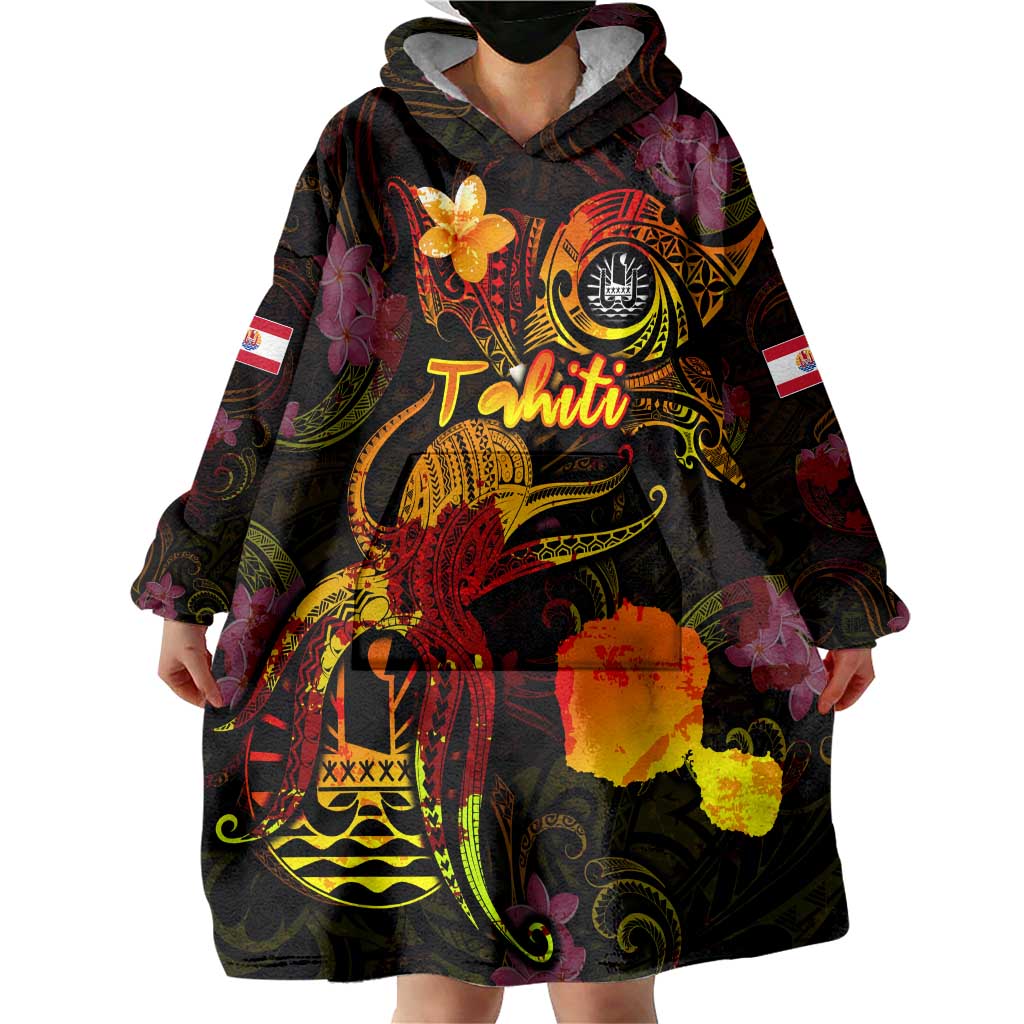 Tahiti French Polynesia Wearable Blanket Hoodie Octopus Plumeria Polynesian Tattoo
