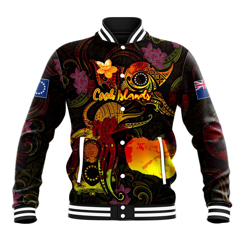 Cook Islands Baseball Jacket Octopus Plumeria Polynesian Tattoo DT02 Unisex Black - Polynesian Pride
