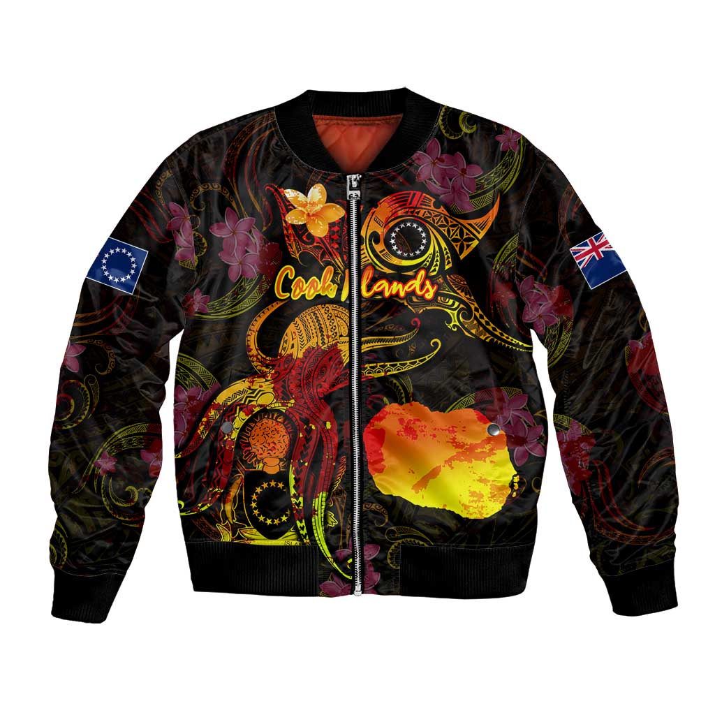 Cook Islands Bomber Jacket Octopus Plumeria Polynesian Tattoo DT02 Unisex Black - Polynesian Pride